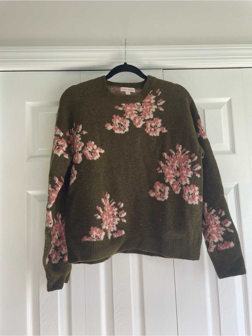 Knox Rose Olive Green Crewneck Sweater with Pink Floral Pattern
